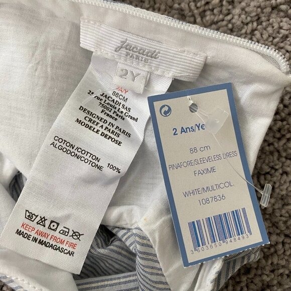 NWT Jacadi Girls Dress Pinafore Sleeveless Ruffle Belt Gray Blue Stripe 2T 88cm - Picture 6 of 6